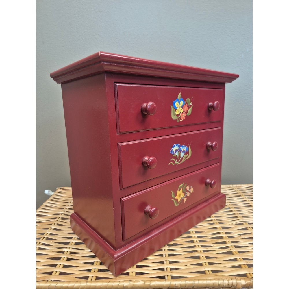 Rosemaling Style Hand Painted Floral 3 Drawer Wood Chest Folk Art Nordic Decor